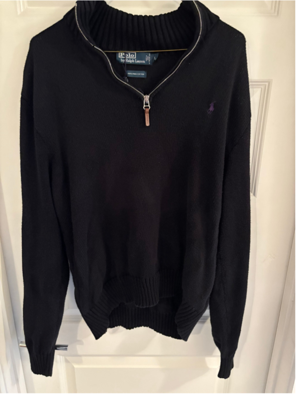 Polo Ralph Lauren Quarter Zip Sweater Mens L Black Pima Cotton Leather Pull Tab
